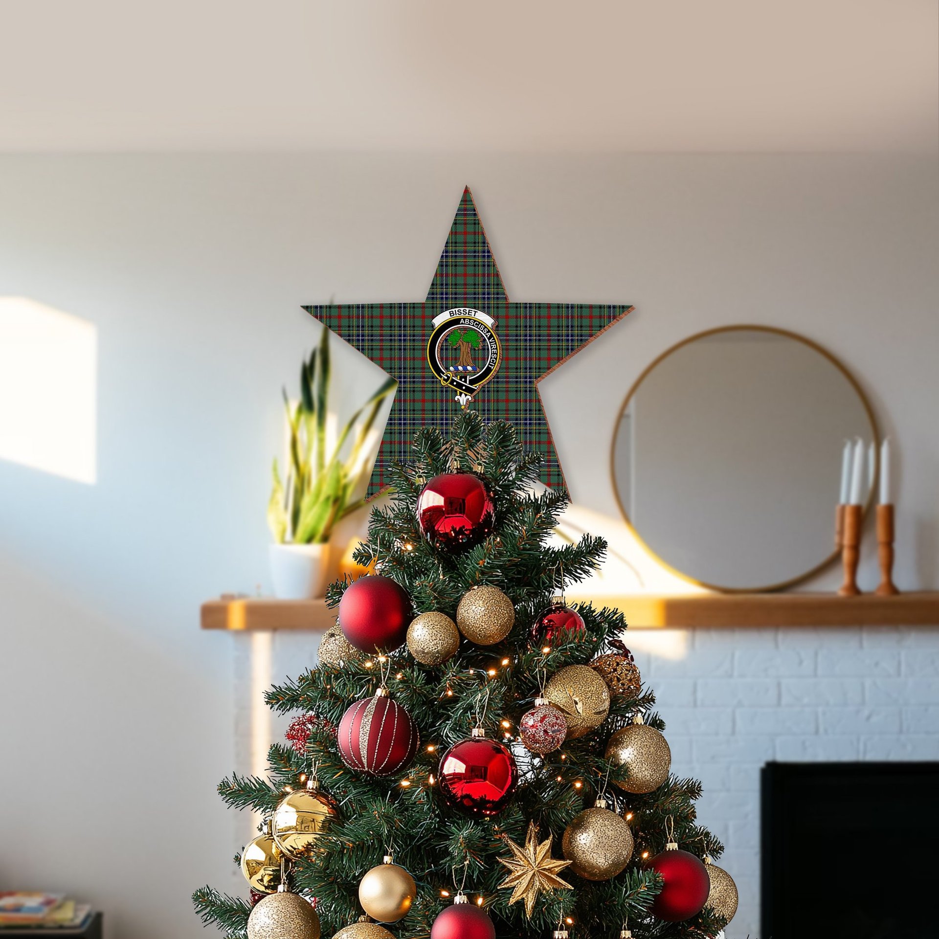 ScotsTee Shop Scottish Bisset Crest Tartan Wooden Christmas Tree Topper