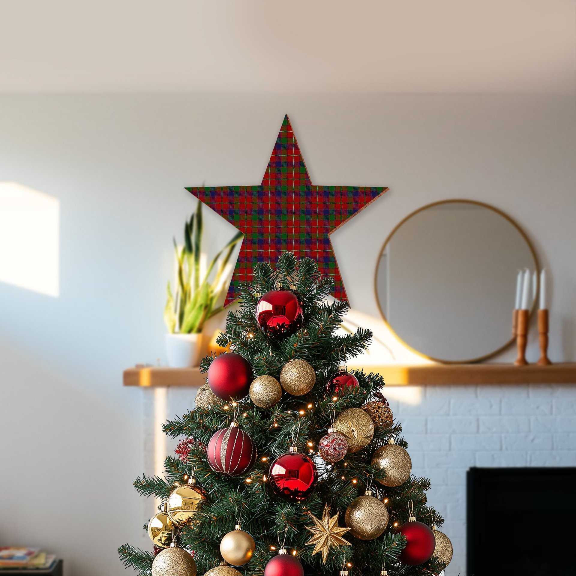 ScotsTee Shop Scottish Robertson White line Tartan Wooden Christmas Tree Topper