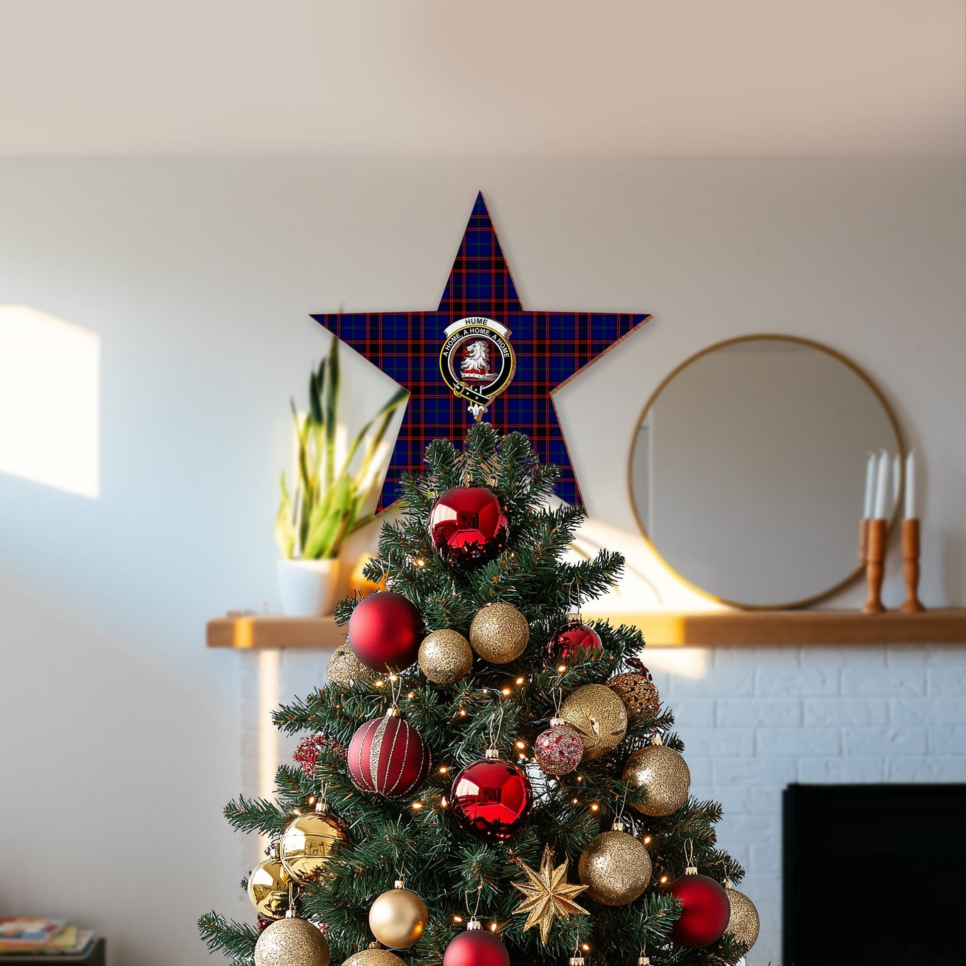 ScotsTee Shop Scottish Hume Modern Crest Tartan Wooden Christmas Tree Topper