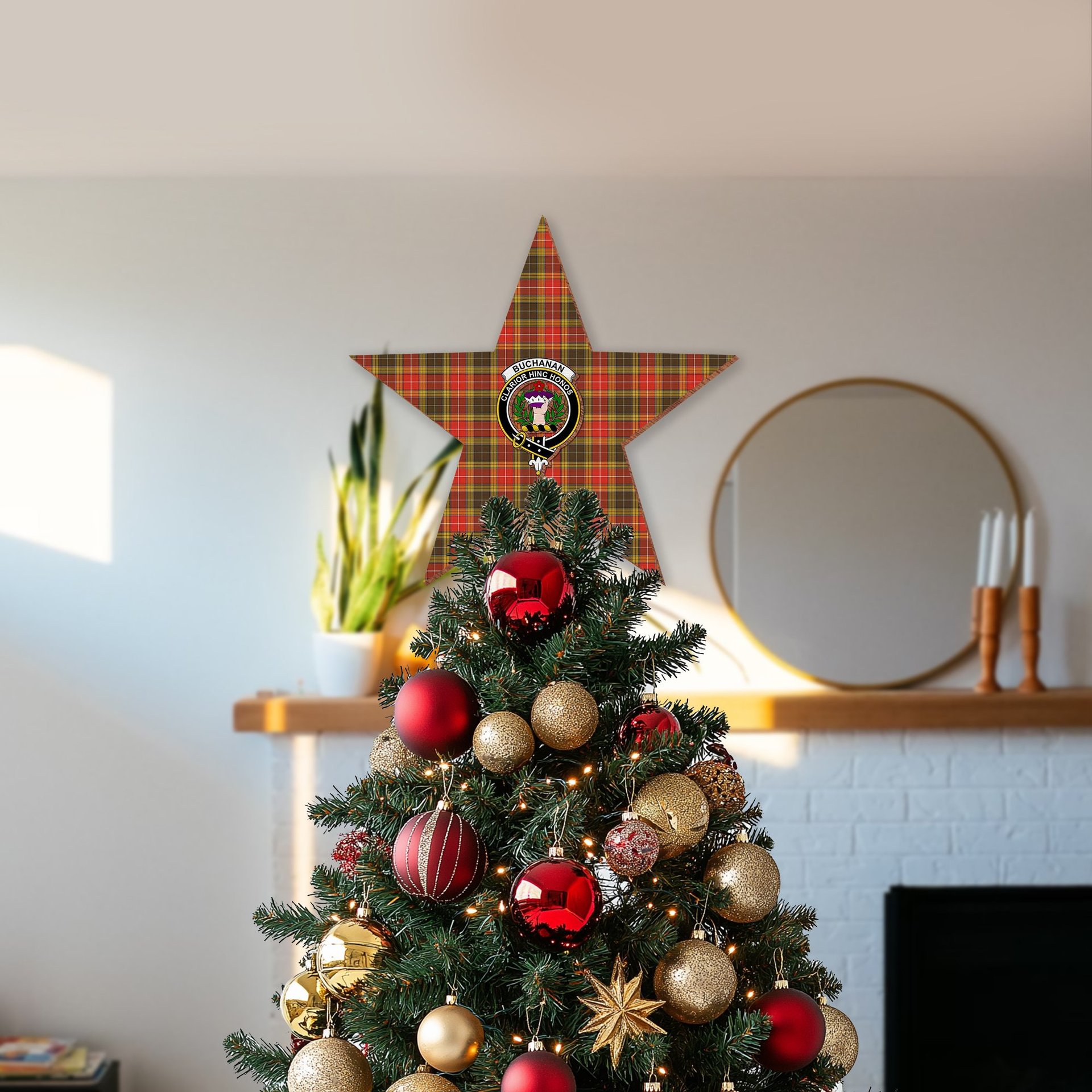 ScotsTee Shop Scottish Buchanan Old Set Weathered Crest Tartan Wooden Christmas Tree Topper