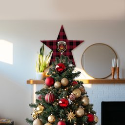 ScotsTee Shop Scottish Cameron Black and Red Modern Crest Tartan Wooden Christmas Tree Topper