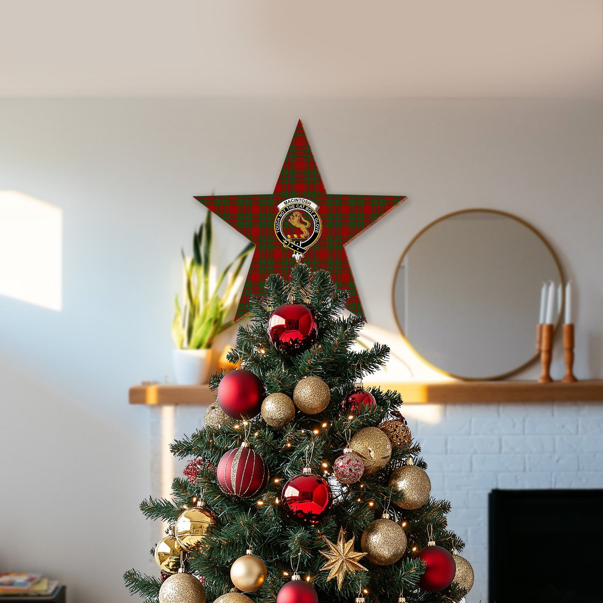 ScotsTee Shop Scottish MacIntosh Red Crest Tartan Wooden Christmas Tree Topper