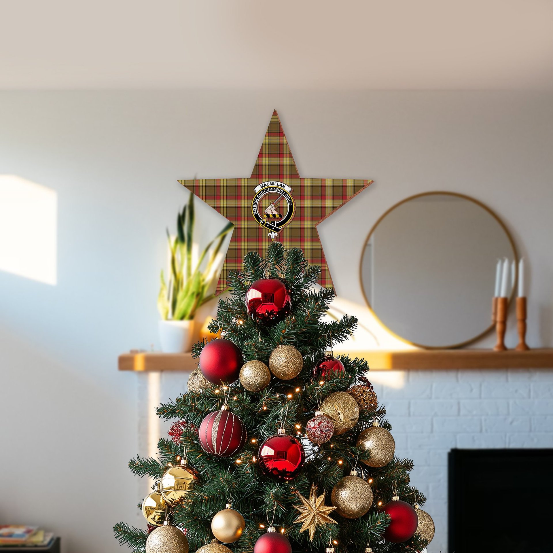 ScotsTee Shop Scottish MacMillan Old Weathered Crest Tartan Wooden Christmas Tree Topper