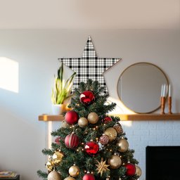 ScotsTee Shop Scottish McFarland Black White Modern Tartan Wooden Christmas Tree Topper