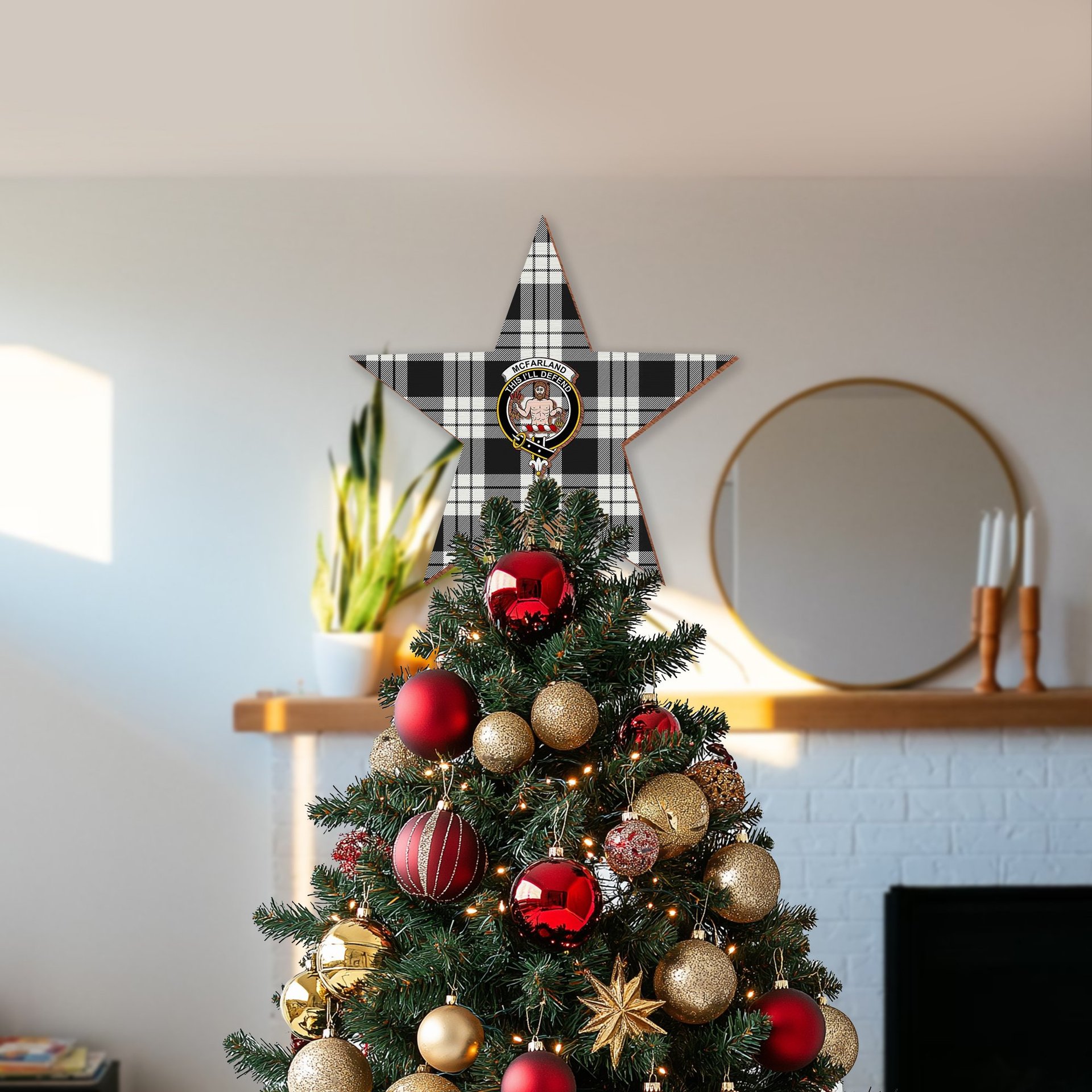 ScotsTee Shop Scottish McFarland Black White Crest Tartan Wooden Christmas Tree Topper