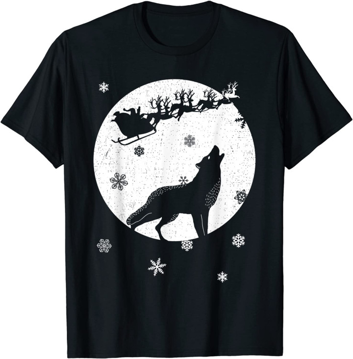 Christmas Wolf Moon Santa Deer and Snowflakes Gift - Wolf T-Shirt