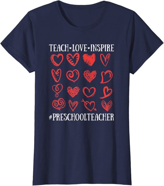 Teach Love Inspire Valentines Day Preschool Teacher Heart T-Shirt