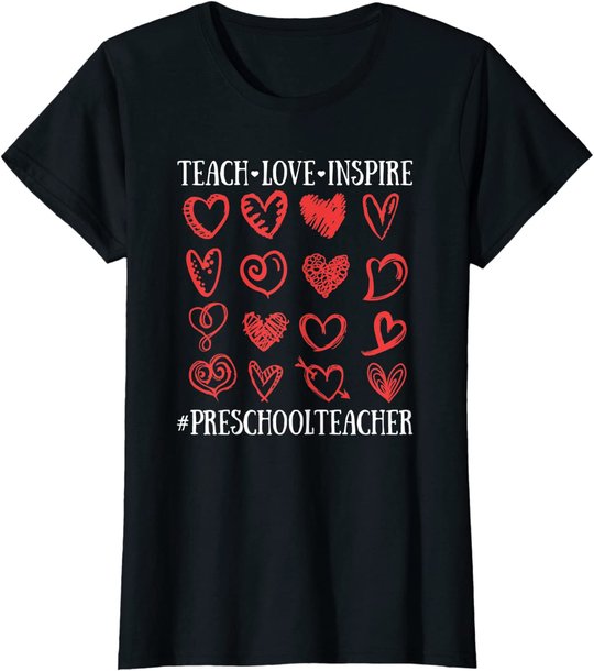 Teach Love Inspire Valentines Day Preschool Teacher Heart T-Shirt