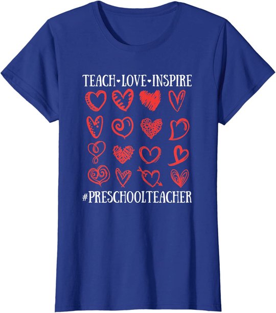 Teach Love Inspire Valentines Day Preschool Teacher Heart T-Shirt