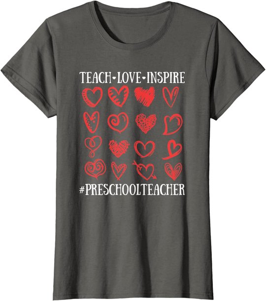 Teach Love Inspire Valentines Day Preschool Teacher Heart T-Shirt