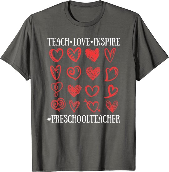 Teach Love Inspire Valentines Day Preschool Teacher Heart T-Shirt