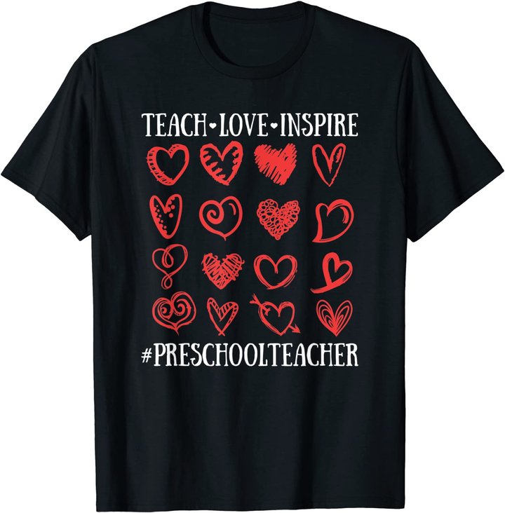 Teach Love Inspire Valentines Day Preschool Teacher Heart T-Shirt