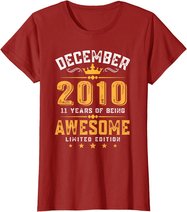 11th Birthday Gift 11 Year Old Awesome Since December 2010 T-Shirt