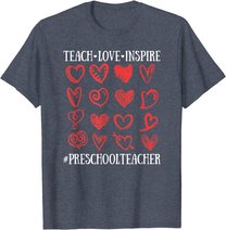 Teach Love Inspire Valentines Day Preschool Teacher Heart T-Shirt