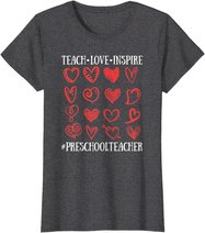 Teach Love Inspire Valentines Day Preschool Teacher Heart T-Shirt