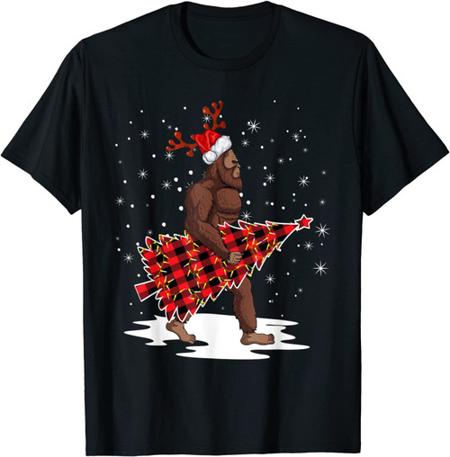 Bigfoot Tree Christmas Pajamas For Men Santa Hat Reindeer T-Shirt