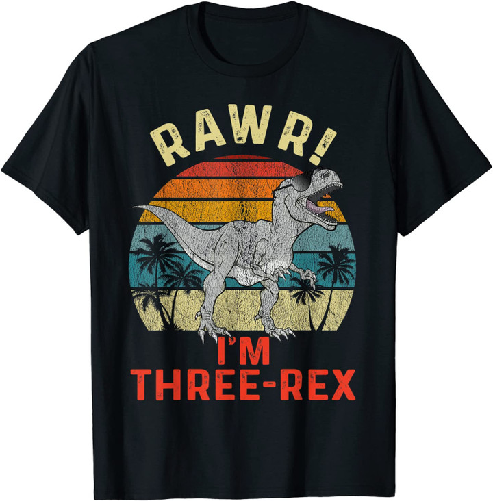 Kids Three Rex Birthday 3 Year Old Dinosaur Rawr 3rd Boys T-Shirt