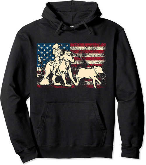 Funny Team Roping Rodeo Gift Us Flag Cool Cowboy Men Women Pullover Hoodie