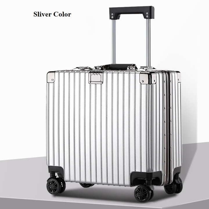 Aluminum frame 18-inch wheeled suitcase that can be carried on board. Convenient for business trips. Equipped with 2 horizontal square password locks, ensuring absolute security.