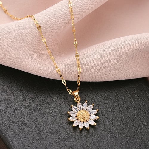 Gold Plated Sunflower Necklace for Women Jewelry Titanium Steel Zircon Big Pendant Necklace Luxury
