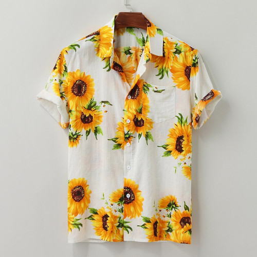 Short Sleeve Lapel Printed Shirt Tropical Sunflower Pattern Floral Shirt Casual Summer Hawaiian Holiday Camisa Tops M-2XL