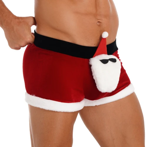 Mens Christmas Costume Low Rise Flannel Trimming Velvet Boxer Shorts with Fluffy Santa Claus Doll Cosplay Outfit