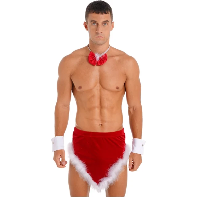 Red Mens Christmas Santa Claus Costume Theme Party Role Play Outfit Nightwear Feather Trim Velvet Skirt with Bow Tie Cuffs