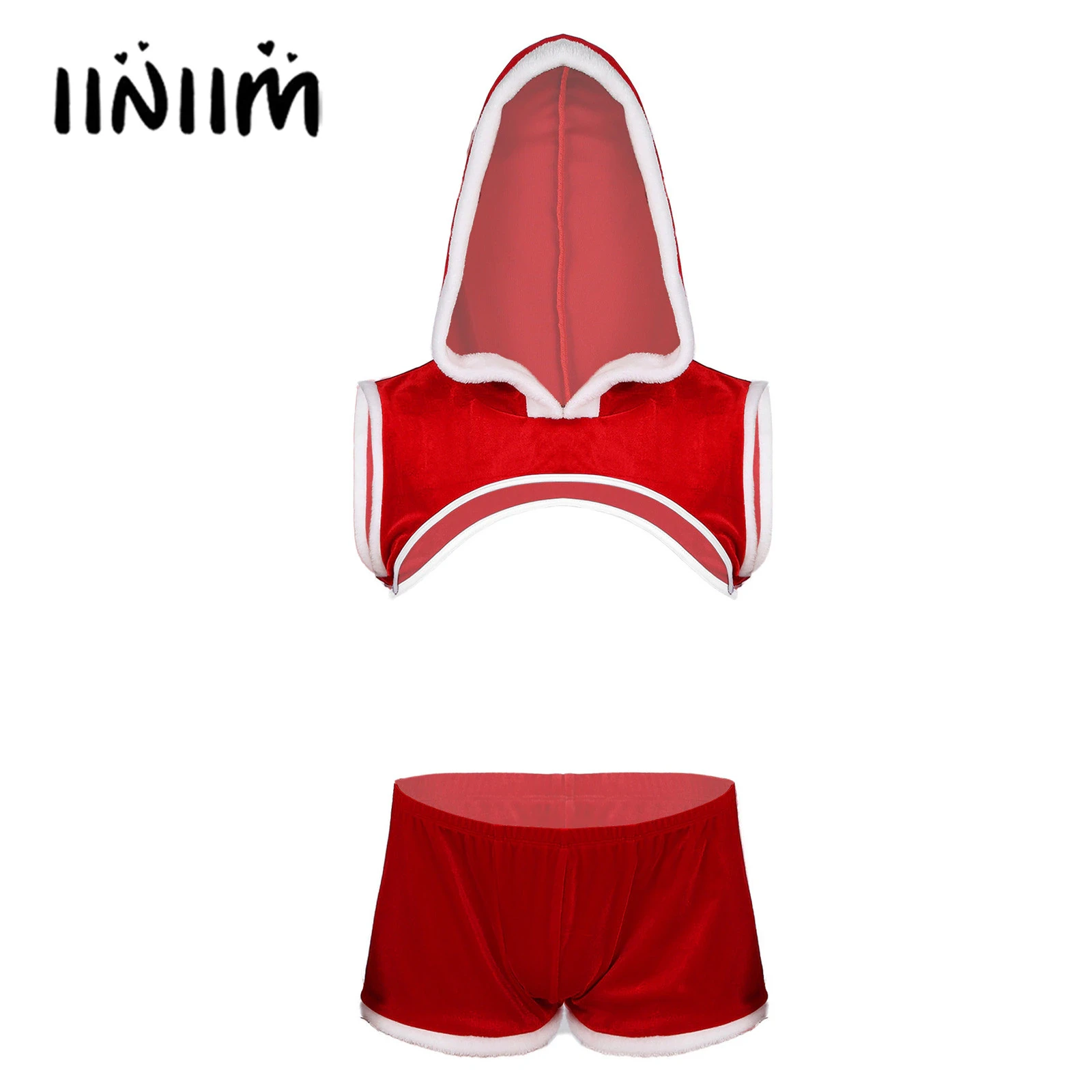 iiniim Men Santa Claus Christmas Velvet Underwear Sexy Pouch Skirted Thong  G-String with Hat