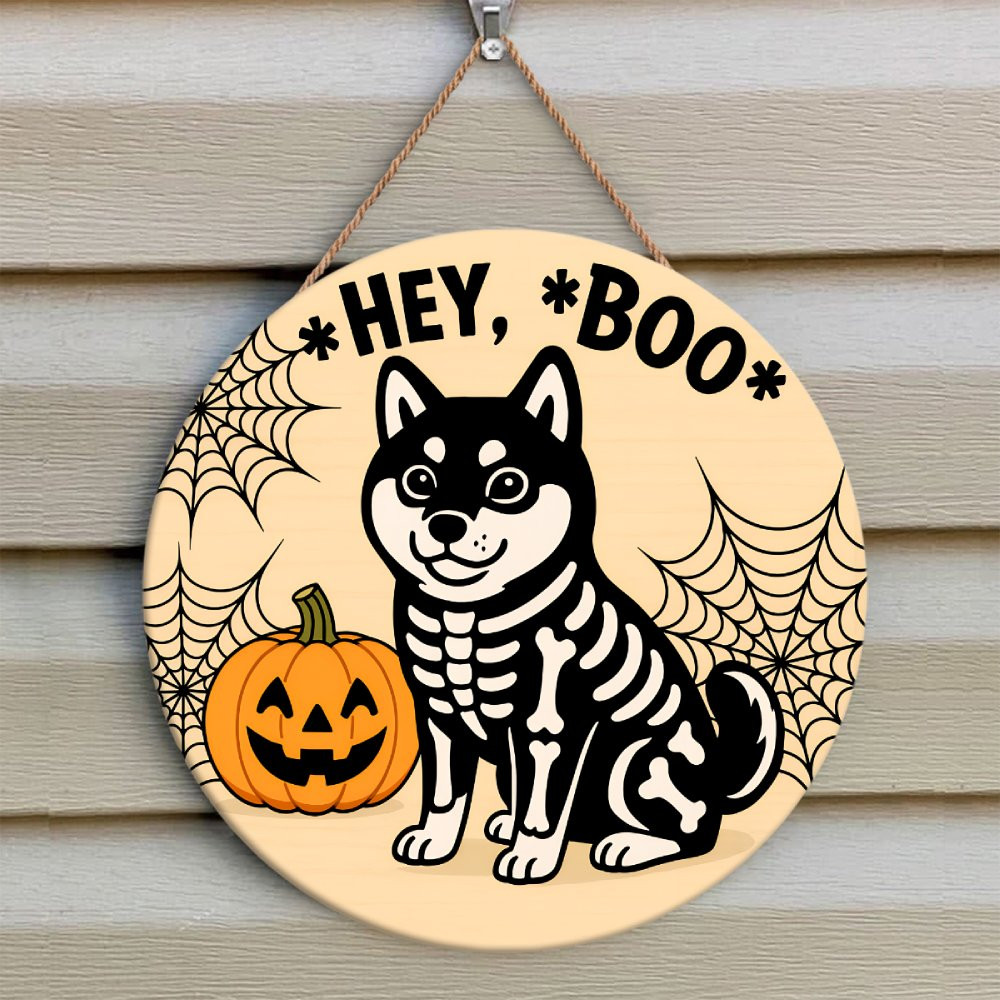 Hey Boo Skeleton Halloween Door Hanger | Hey Boo Shiba Inu Skeleton Sign | Cute Dog Hal ...