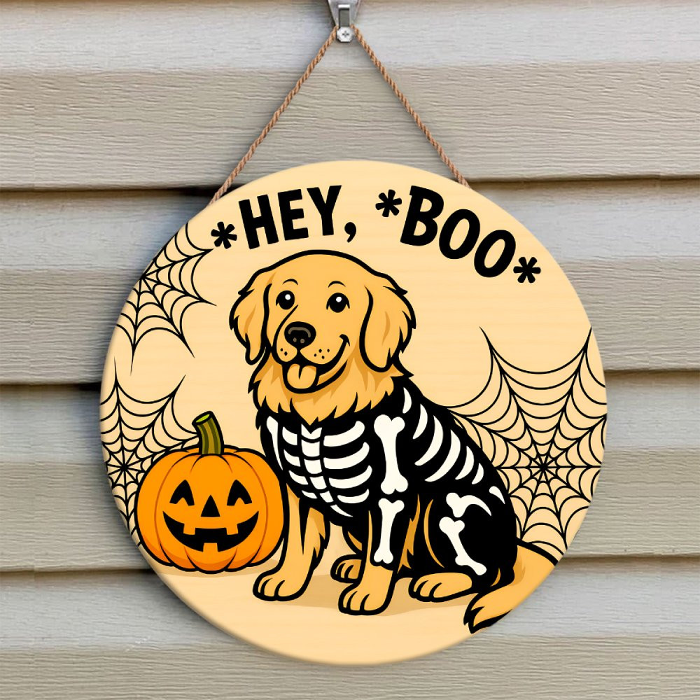 Hey Boo Skeleton Halloween Door Hanger | Hey Boo Golden Retriever Skeleton Sign | Cute ...