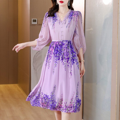Purple Floral Silk Elegant Chic Women Dresses Summer Chic Party Dresses