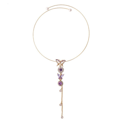Korean Fashion Bling Purple Crystal Butterfly Choker Necklace For Women Teen Girls Gold Plated Long Tassel Collar Jewelry
