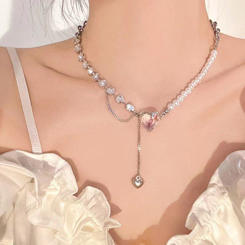 Y2K Accessories Fashion Peach Heart Water Drop Pendant Necklace Purple Crystal Egirl Sweet Cool Clavicle Chain Aesthetic Jewelry