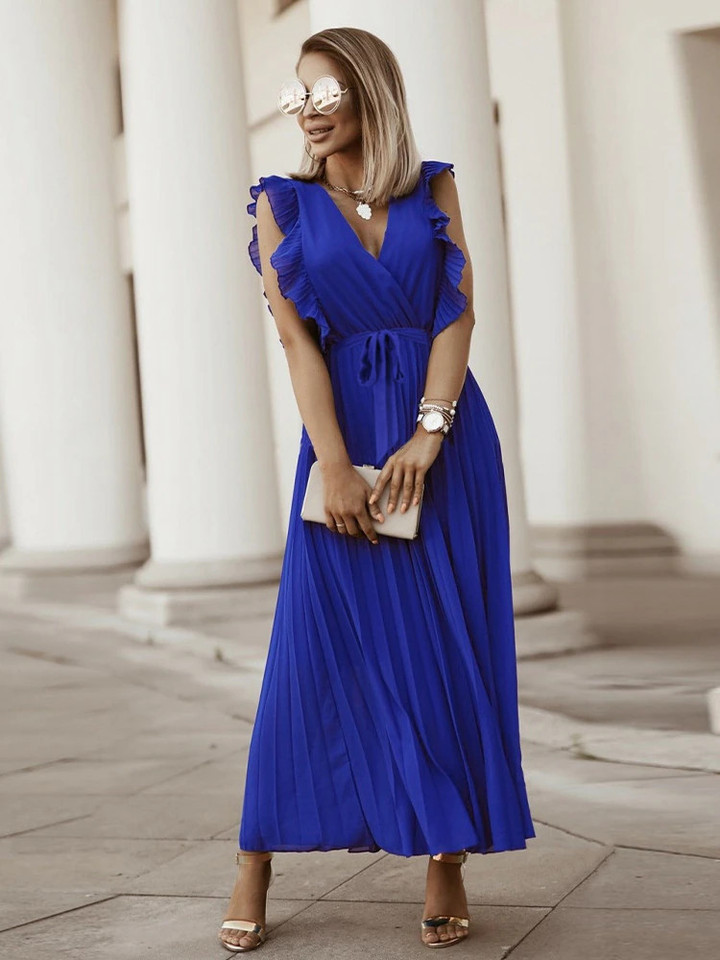 Women's V Neck Ruffle Sleeve Solid Long Dress For Fashion