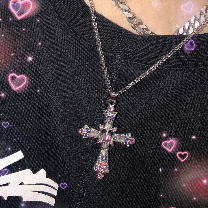 Gothic Pink Cross Necklace Y2K Purple Zircon Punk Pendant Necklace Grunge Heart Cross Necklace for Women Jewelry Accessories
