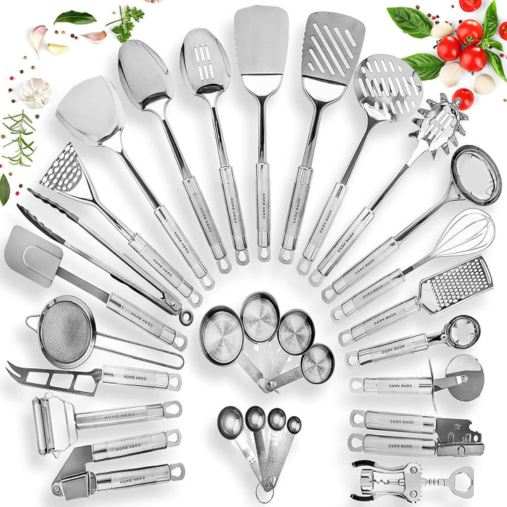 Free Shipping Home Hero Stainless Steel Kitchen Utensil Set Non Stick Cooking Utensils with Spatula Measuring Cups And More 29 P