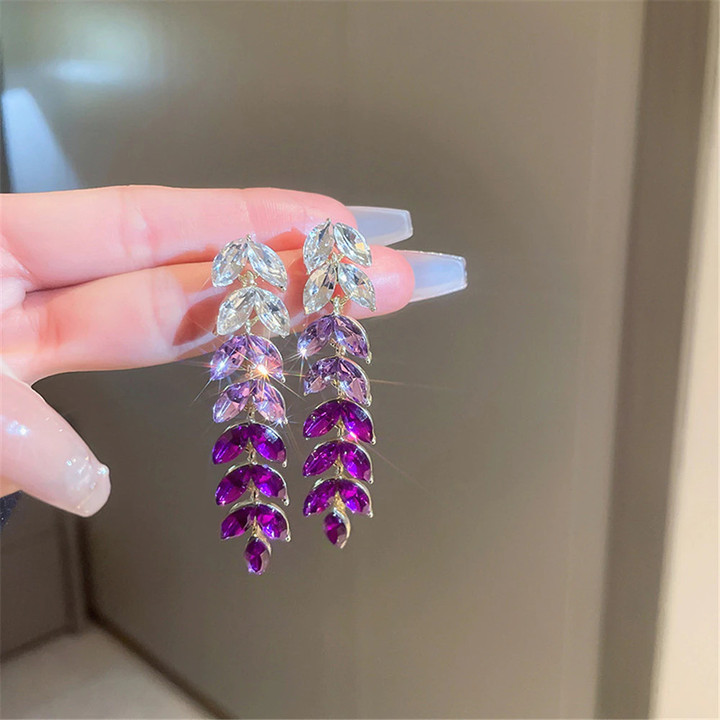 Luxury Design Gradient Purple Wheat Ear Rhinestone Pendant Tassel Earrings Fashion Women Party Jewelry Romantic Anniversary Gift