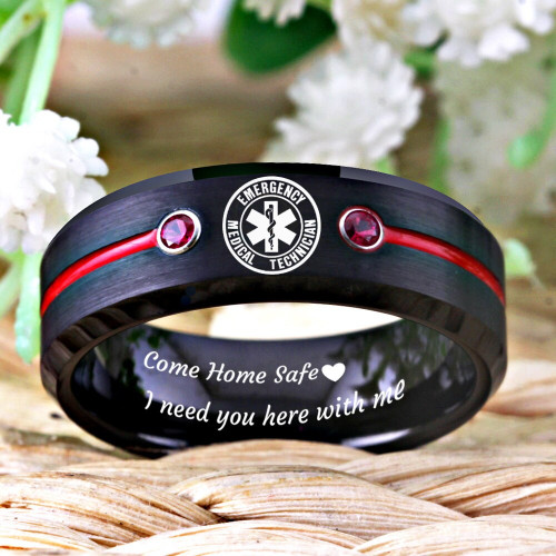 Paramedic Design Medical Rings paramedic Ring Men's Black Tungsten Ring With Red Anniversary Gift Ring Drop shipping RING