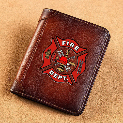 High Quality Genuine Leather Wallet Firefighter Fire Control Symbol Printing Standard Purse