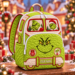 Grinch Premium Christmas Quilted Backpack Custom Name Gifts For Fan - Limited Edition