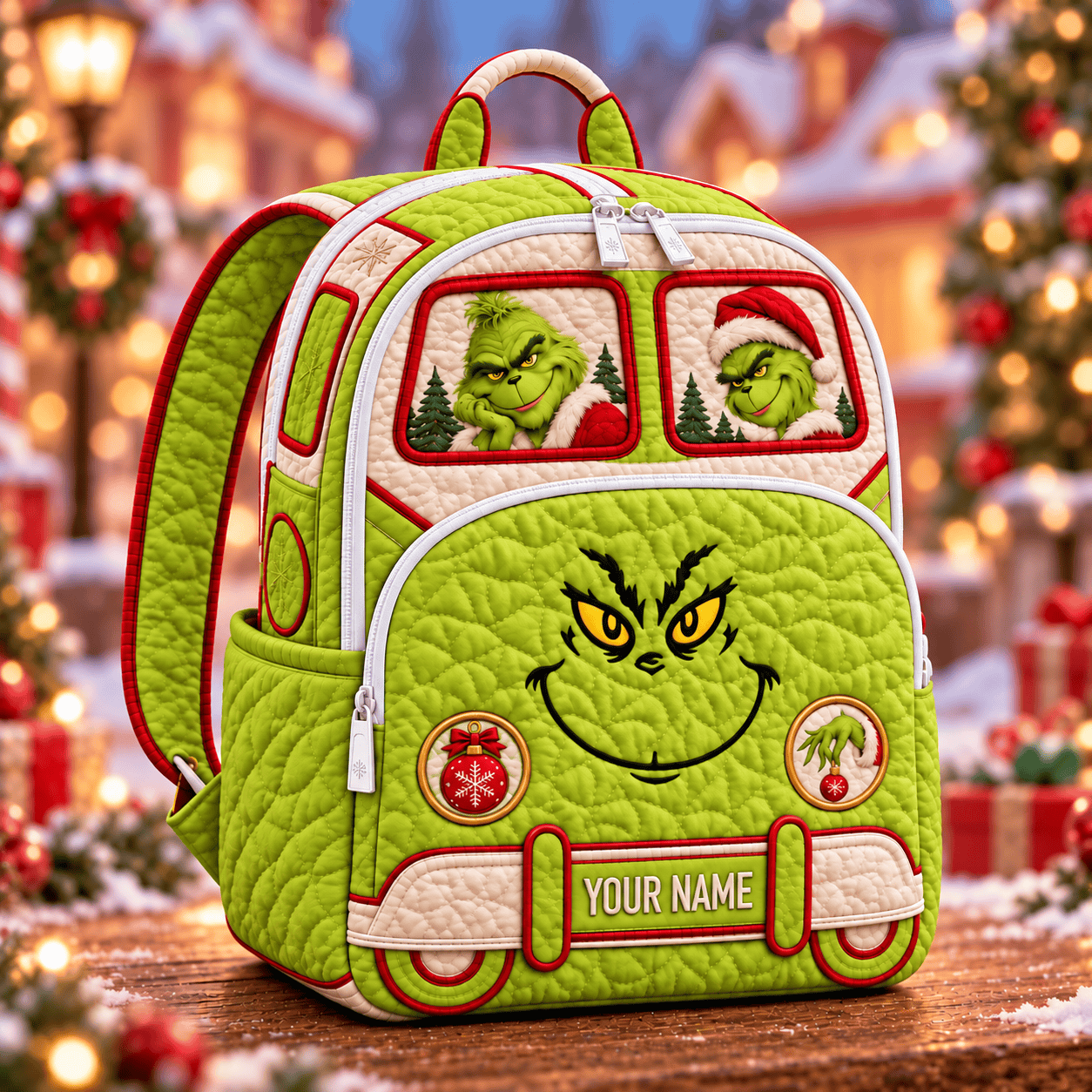 Grinch Premium Christmas Quilted Backpack Custom Name Gifts For Fan - Limited Edition