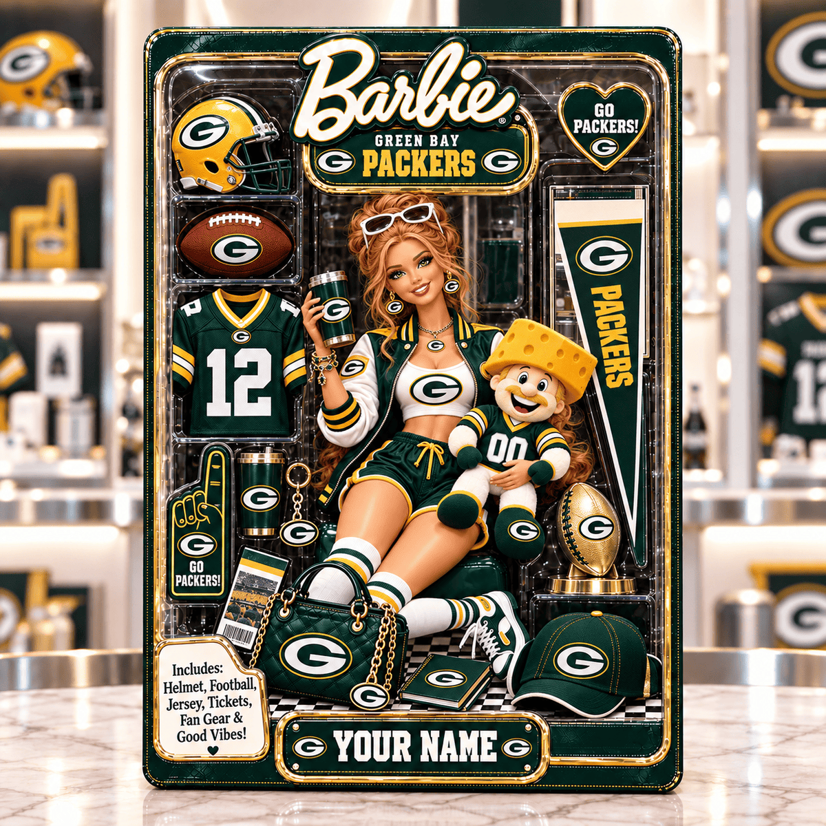 Green Bay Packers Collector Edition Barbie Custom Any Name Acrylic Block Plaque Gifts For Fan - Limited Edition