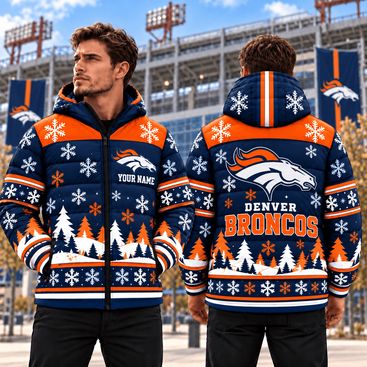 Denver Broncos Christmas Waterproof Thickened Down Jacket Custom Name Gifts For Fan