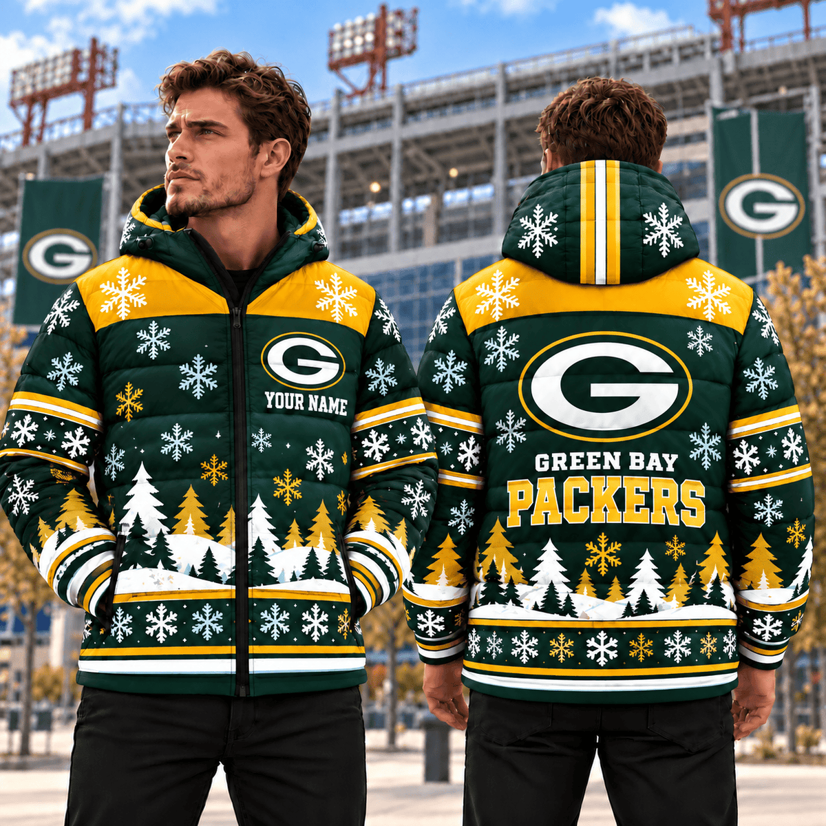 Green Bay Packers Christmas Waterproof Thickened Down Jacket Custom Name Gifts For Fan