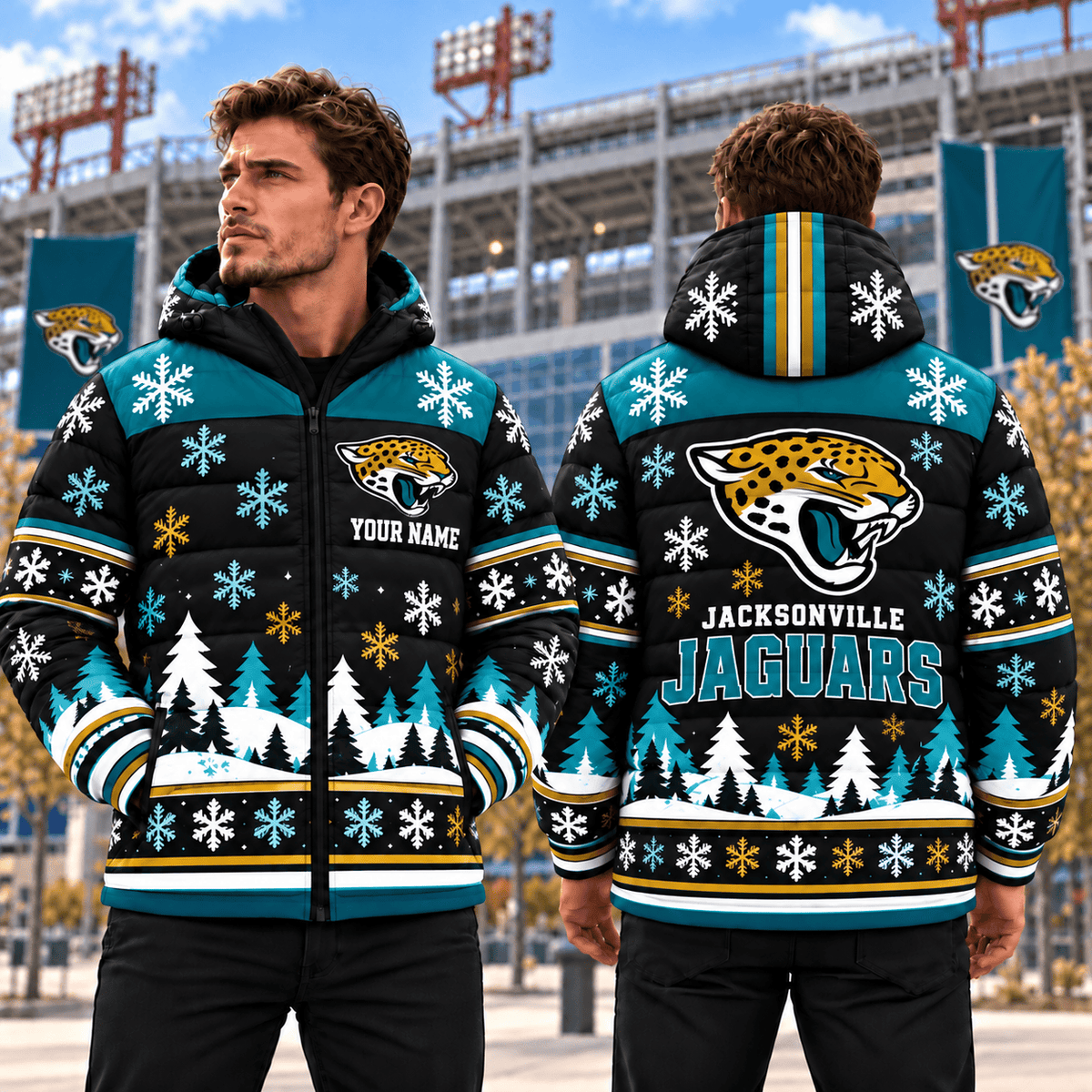 Jacksonville Jaguars Christmas Waterproof Thickened Down Jacket Custom Name Gifts For Fan