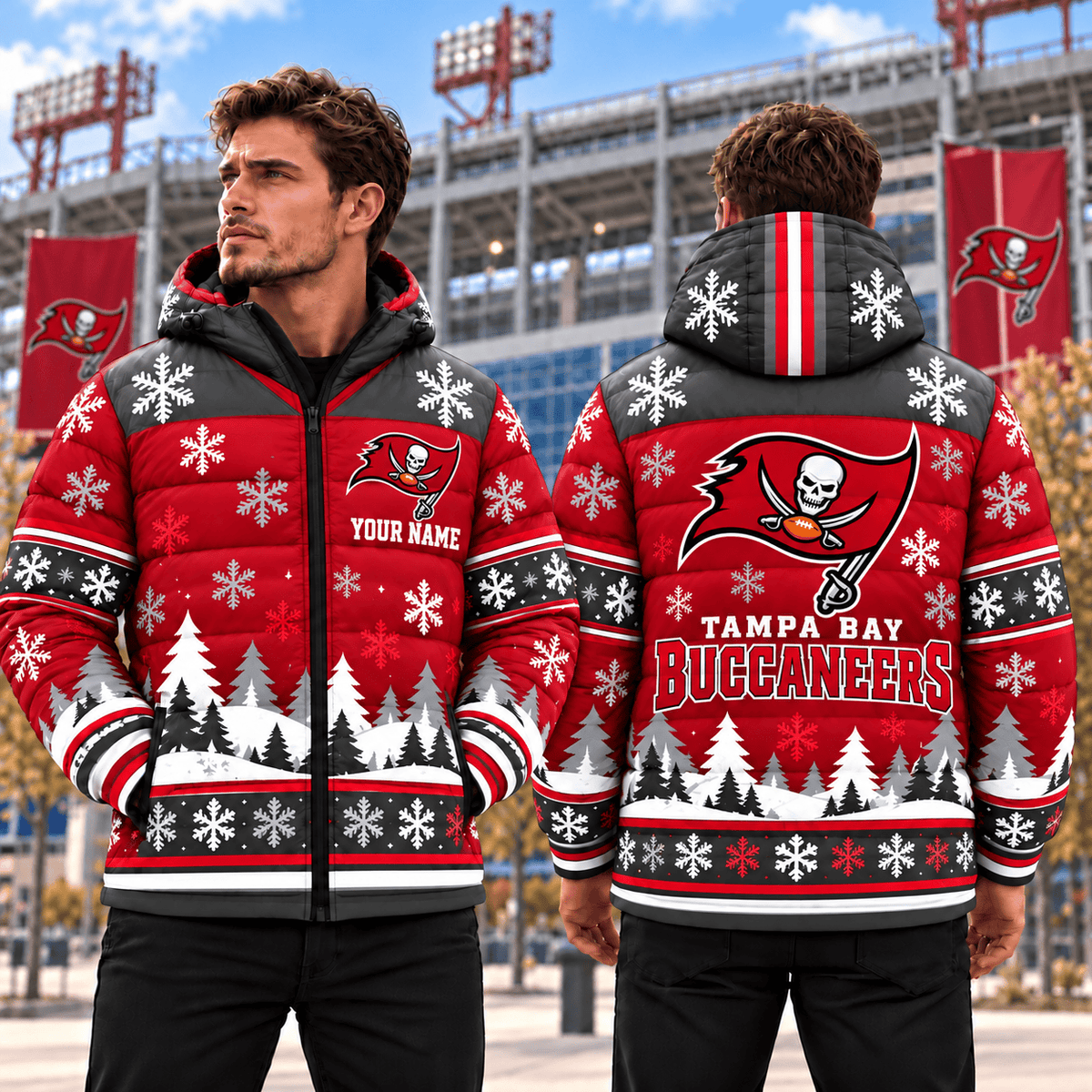 Tampa Bay Buccaneers Christmas Waterproof Thickened Down Jacket Custom Name Gifts For Fan