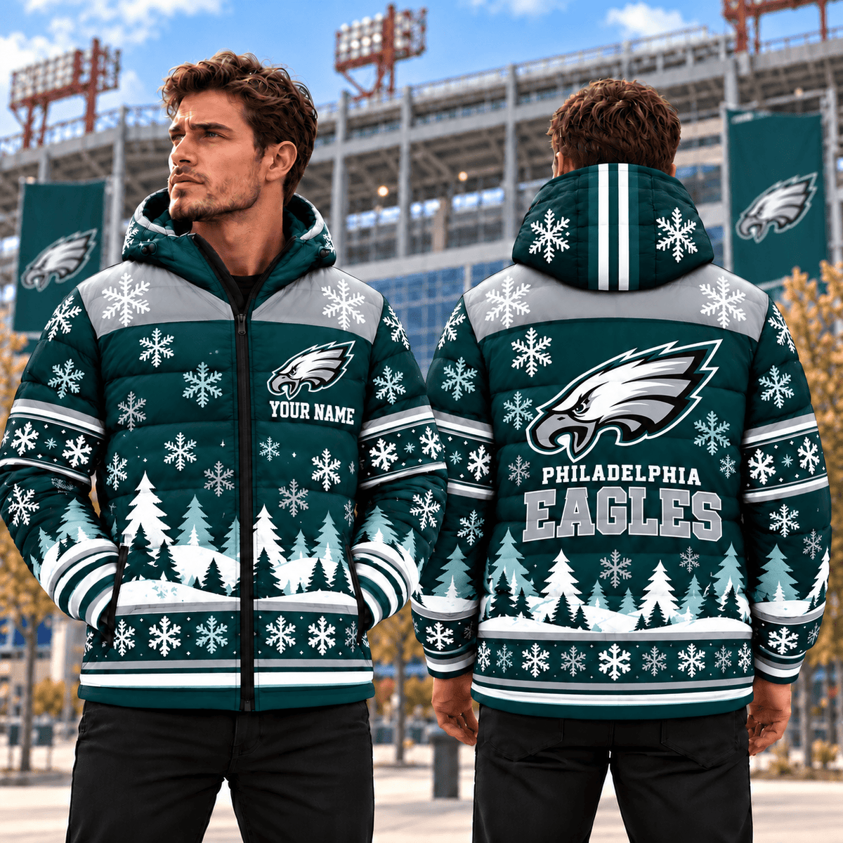Philadelphia Eagles Christmas Waterproof Thickened Down Jacket Custom Name Gifts For Fan
