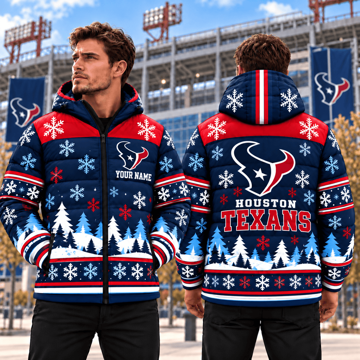 Houston Texans Christmas Waterproof Thickened Down Jacket Custom Name Gifts For Fan