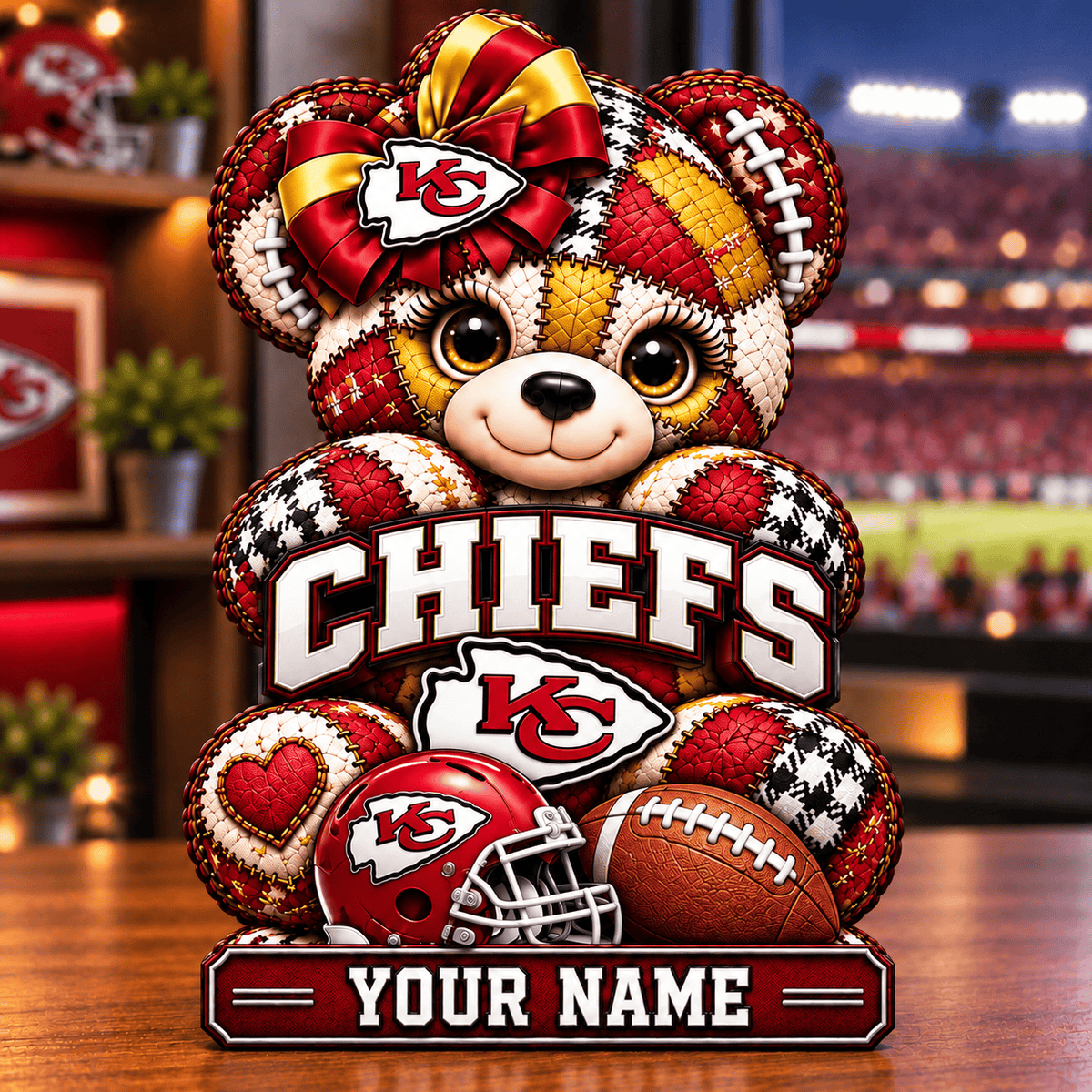 Kansas City Chiefs Patchwork Teddy Bear Acrylic Plaque Custom Any Name Gifts For Fan