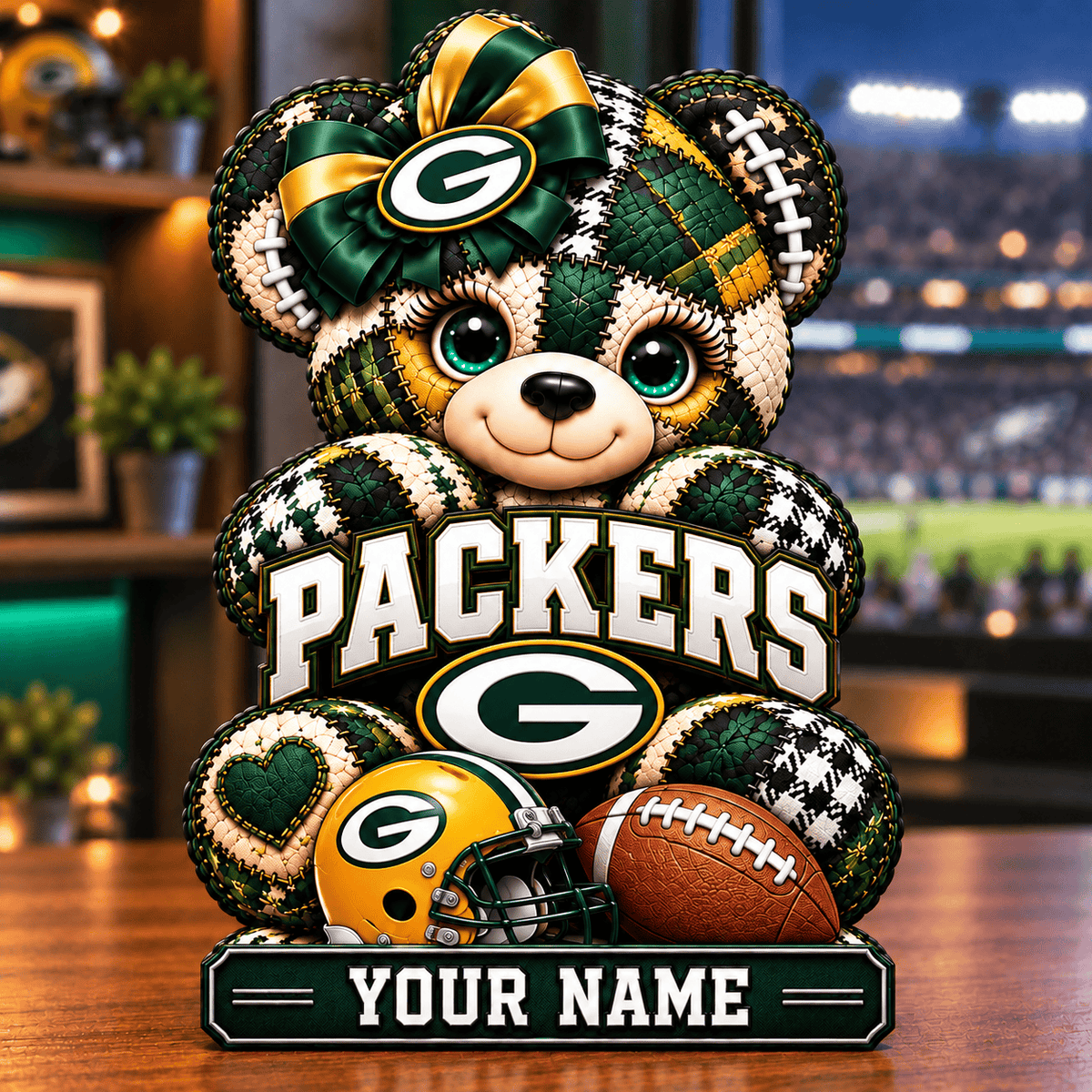 Green Bay Packers Patchwork Teddy Bear Acrylic Plaque Custom Any Name Gifts For Fan